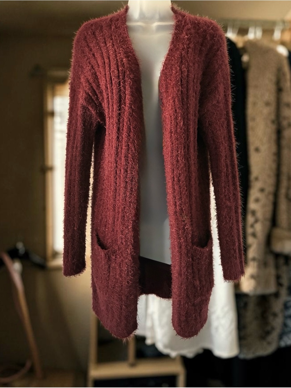 Hippie Rose Fuzzy Open-Front Cardigan in Deep Burgundy